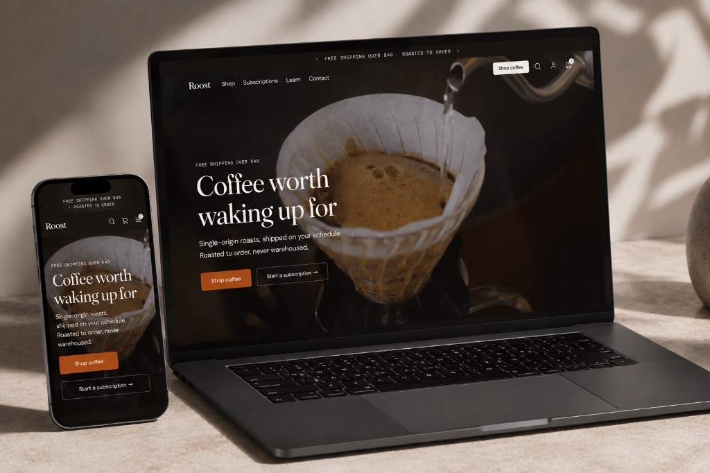 Roost theme on laptop and phone with lifestyle desk scene