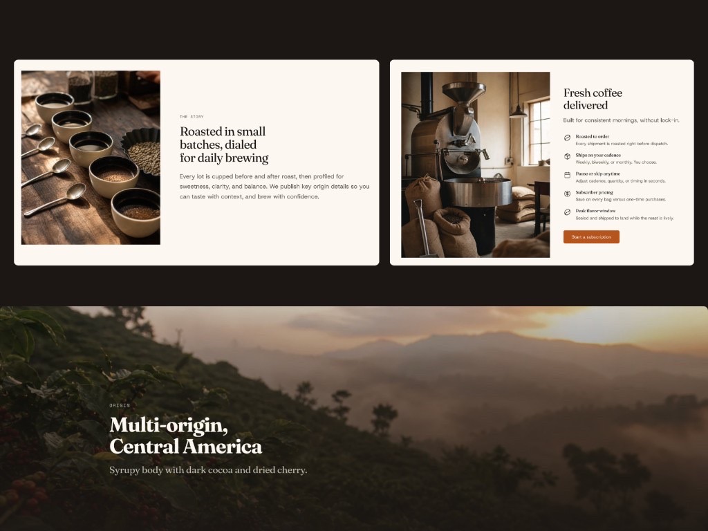 Roost story, subscription, and origin sections on the storefront