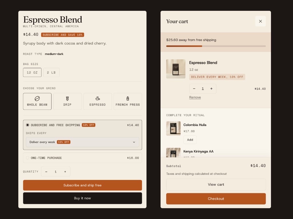 Roost product page with subscription picker, grind options, and cart drawer